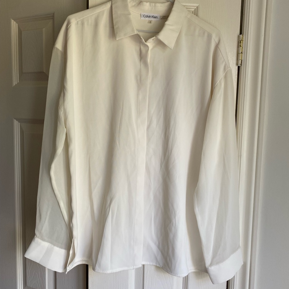 NWT Calvin Klein Women's Elegant Ivory Blouse sheer sleeves